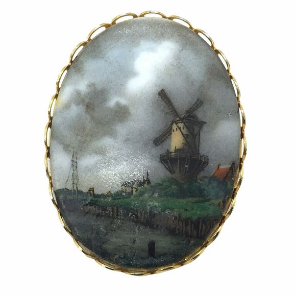 Windmill Brooch Pin Vintage Women's Dark Weather Painted Porcelain And Gold Tone - Picture 1 of 12